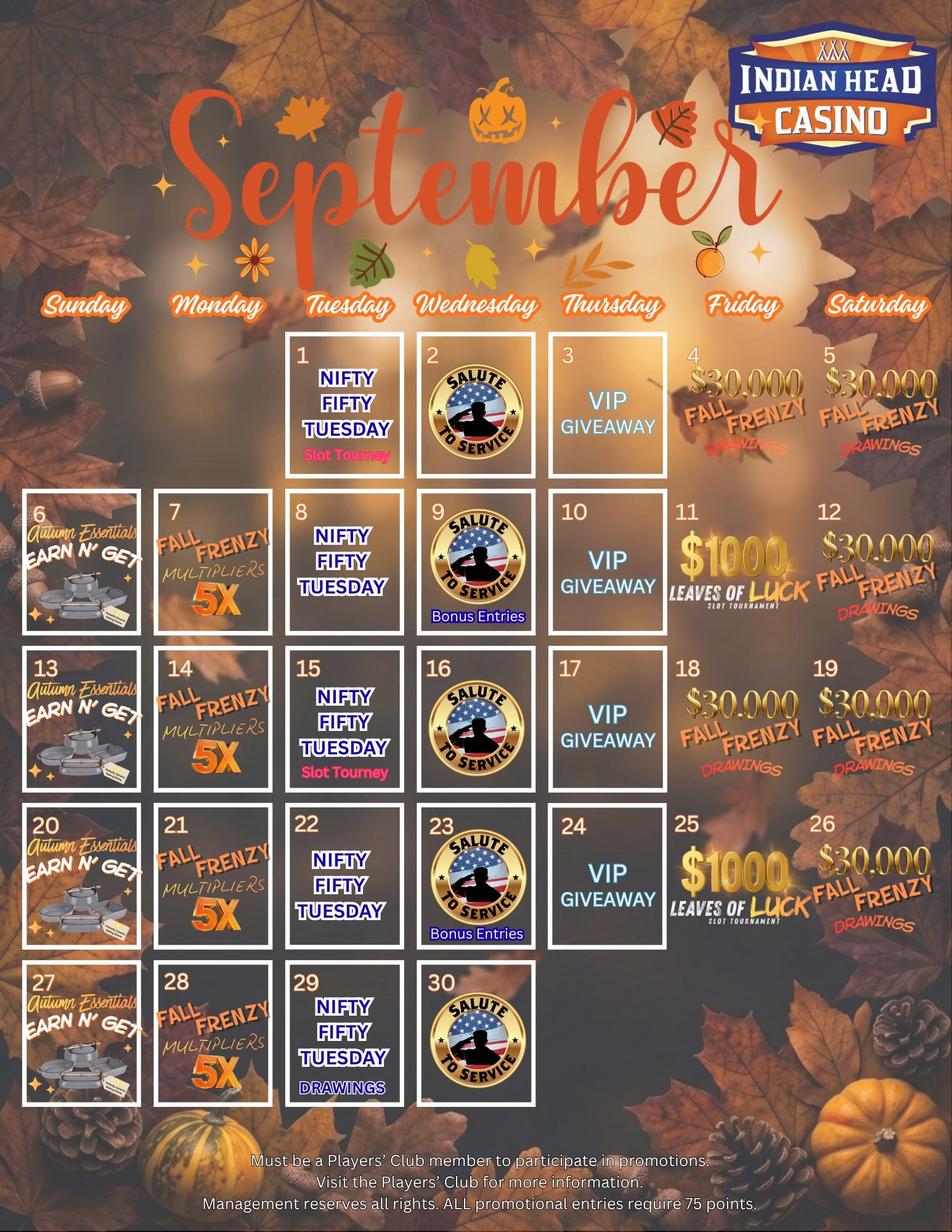 September 2026 promotions calendar showing each day's promotion at Indian Head Casino